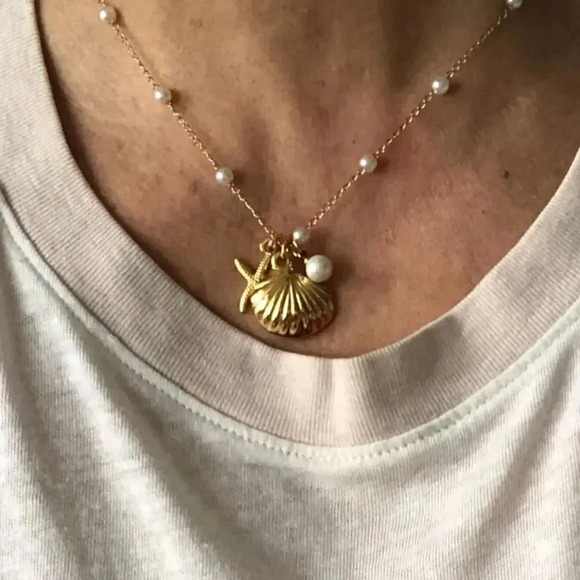 Starfish Seashel Pearl 18KGold Plated Stainless Steel Waterproof Necklace - Picture 10 of 17